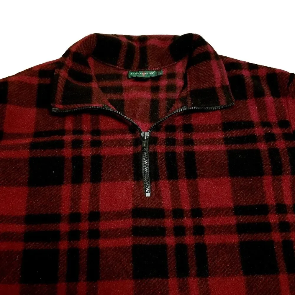 J Crew Fleece Men Size Small Red Black Plaid 1/4 Zip Vintage Jacket Made in USA